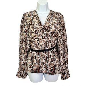 NWT Altuzarra 100% Silk Tan Snakeskin Print Wrap Belted Blouse, Size 40